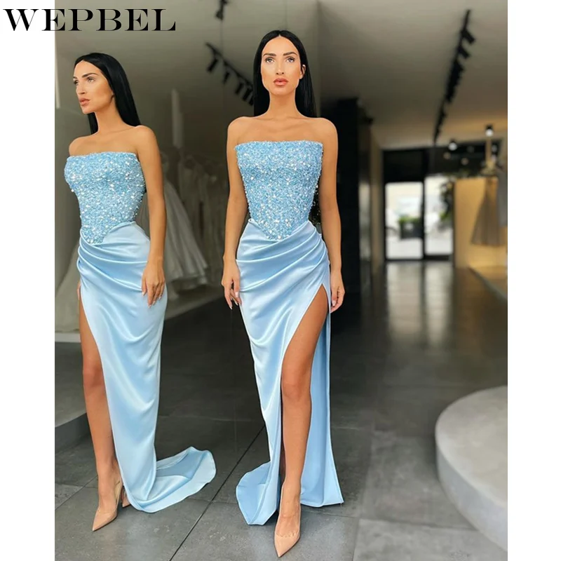 

WEPBEL Women's Elegant Strapless Party Evening Dress Ladies Sexy Fashion Off Shoulder High Waist Corset Slit Prom Gown