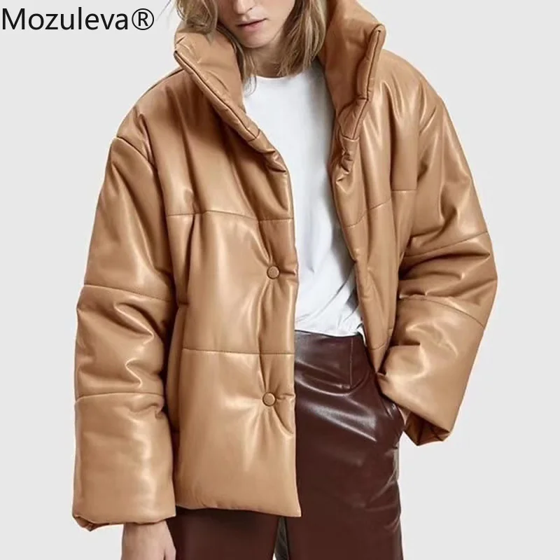 

Mozuleva, женские парки из искусственной кожи, модная уличная однотонная модная кожаная куртка, Элегантные зимние толстые хлопковые куртки, сво...