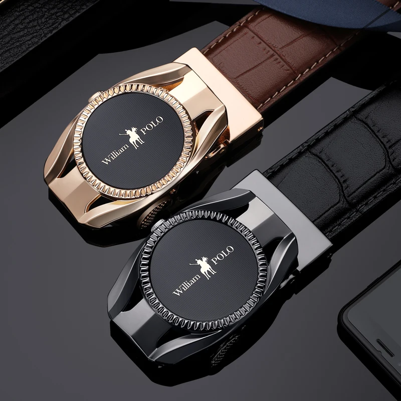 Мужской ремень из натуральной кожи WILLIAMPOLO черный с автоматической пряжкой