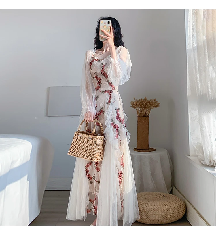 

2021 Beach Dress Women's New Round Neck Embroidered Mesh French Beautiful Elegent Long Dress Seaside Holiday Fairy Dress Summer
