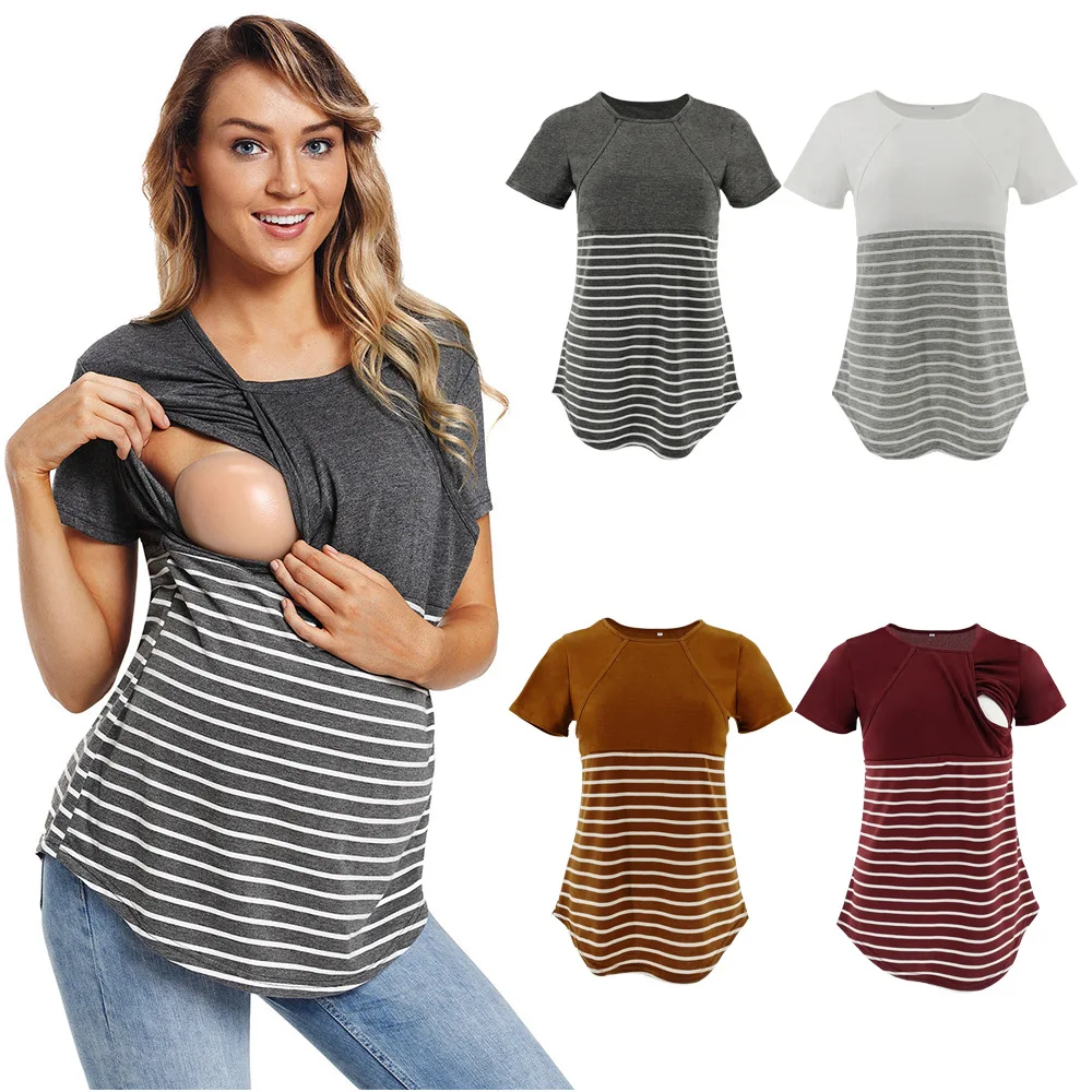 

Maternity Clothes Short Sleeve Striped O-neck Nursing Maternity Tops Pregnancy Shirt For Breastfeeding Ropa Premama Embarazadas