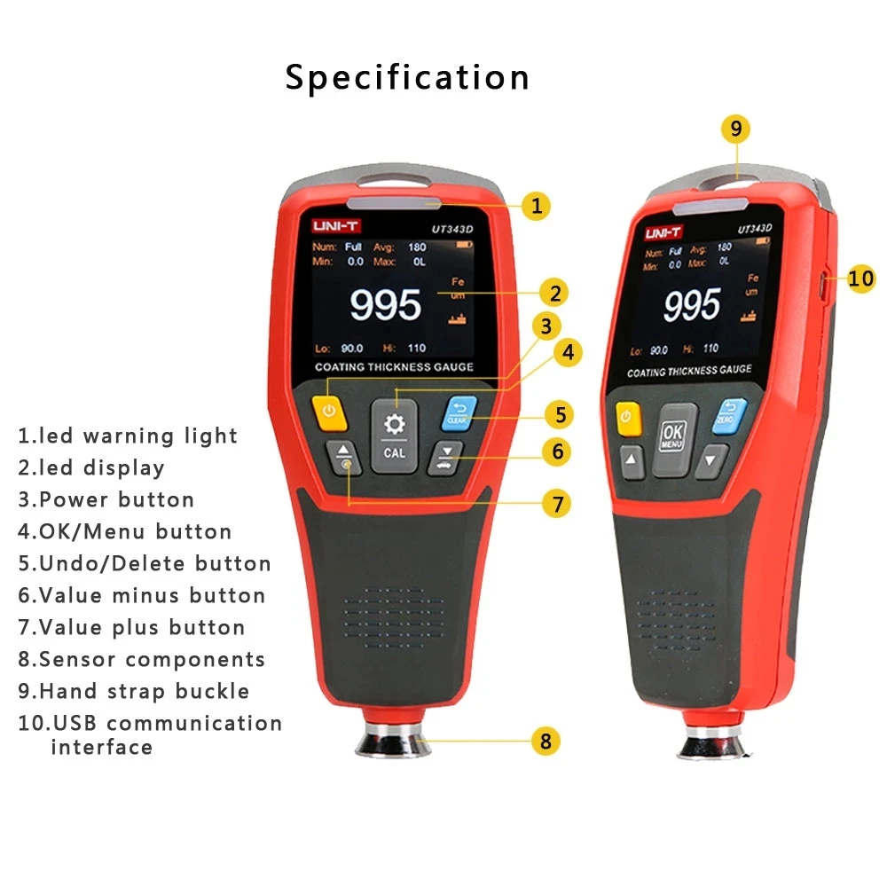 

UNI-T UT343D coating thickness gauge automobile paint film thickness tester measuring FE/NFE paint tool USB data storage