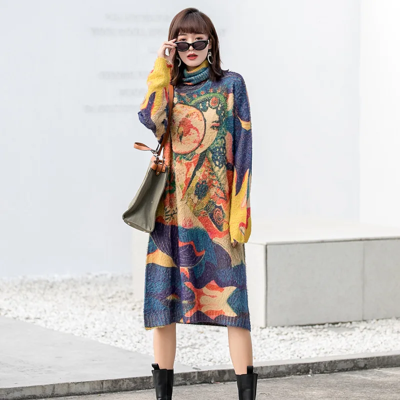 Женская трикотажная юбка с воротником-хомутом свободная Теплая юбка-пуловер в