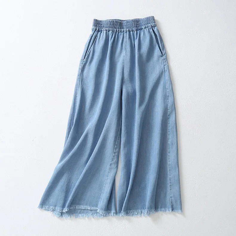 

Girls Summer Casual Long Light Blue Pants Denim Wide Leg Pants Girls Fashion Thin Fringe Loose Tencel Trousers Elastic Waist Hot