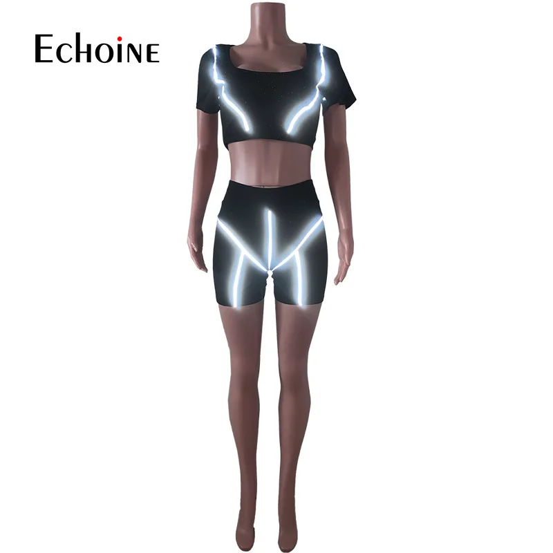 

Echoine Summer Reflective Stripe Women Two Pieces Sets Tracksuits Tank Tops Short Jogger Suit Sporty Fitness Night Club Outfit