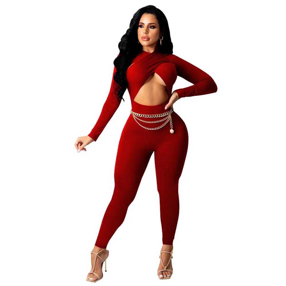 

Sexy Hollow Out Women Party Jumpsuits Fashion Crossed Front Long Sleeves Ladies Skinny Nightclub Rompers Solid 2021 Auutmn