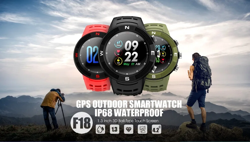 Смарт-часы BINSSAW с GPS водонепроницаемые IP68 большим цветным экраном F18 батарея