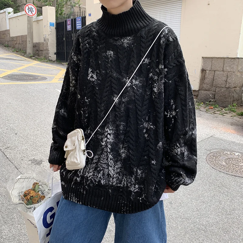 

Winter Stand-up Collar Sweater Men Warm Fashion Printing Knitted Pullover Men Loose Casual Long-sleeved Sweater Mens Jumper