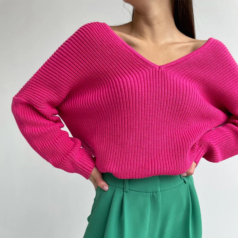 

New European Style V-Neck Sexy Women's Sweater Long Sleeve Solid Color Warm Streetwear Pullover Loose Lazy Fashion Knitting Tops