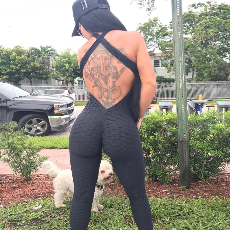 

Women Texture Bodysuit Sleevesless Sport Backless Sexy Slimming Bodycon Rompers Jumpsuit Cross Backless Yoga Pants Bodysuit Set