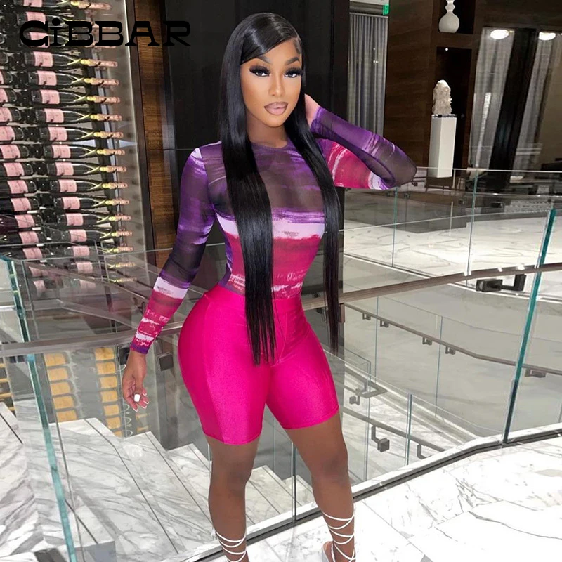 

CIBBAR Hipster Bodycon Casual Biker Sportwear Two Piece Set Women Printing Long Sleeve Crop Top+Skinny Shorts Outfits Tracksuits