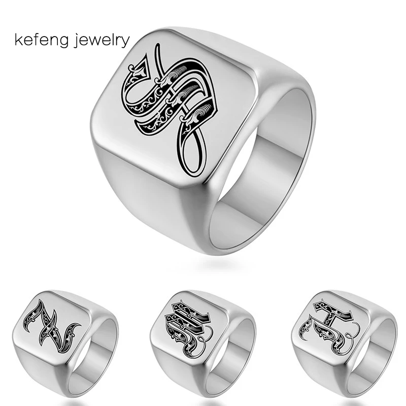 Fast Shipping Hip Hop Stainless Steel Rings Silver Color Ring Men Jewelry Custom Initial Engrave A-Z Mens Rings Anillos