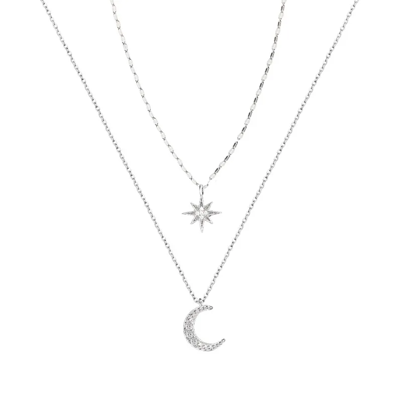 

Simple Crystal Geometric silver Pendant Necklace Set for Women Charms Moon Octagon Rhinestone Female Temperament Jewelry Collar