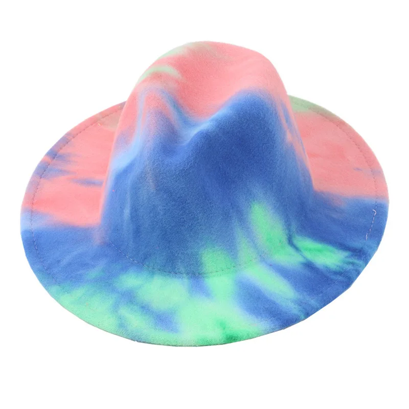 

2021 Wholesale Tie Dye Women Wide Brim Fedora Hats for Adults Men Ladies Panama Party Wedding Hat Goth Top Vintage Jazz Fet Cap