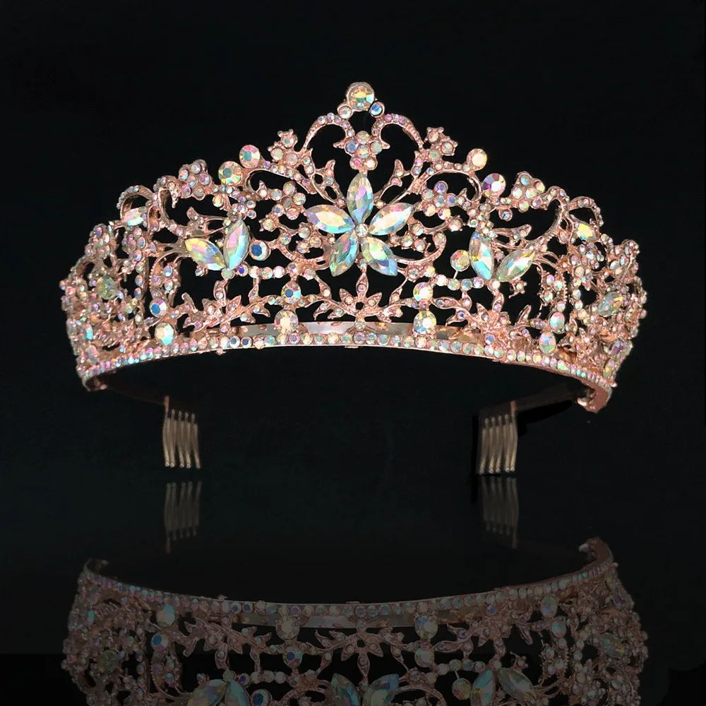 Rose Gold AB KMVEXO Новая мода Роскошный Кристалл AB свадебная диадема в виде короны розовое золото диадема, тиара для женщин Свадебные аксессуары для волос - Окраска металла: Rose Gold AB