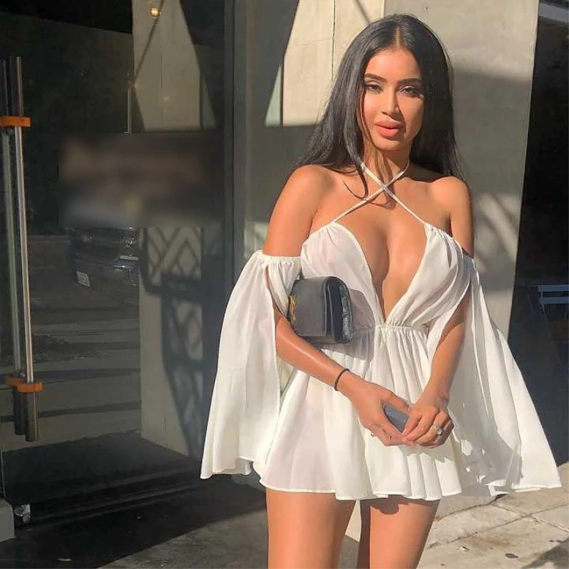 

IMCUTE Sexy One-Neck Hollow Long Sleeve Dress Women's Tube Top Lace-up High-Waist Miniskirt Summer Sand Halter Beach Dresses