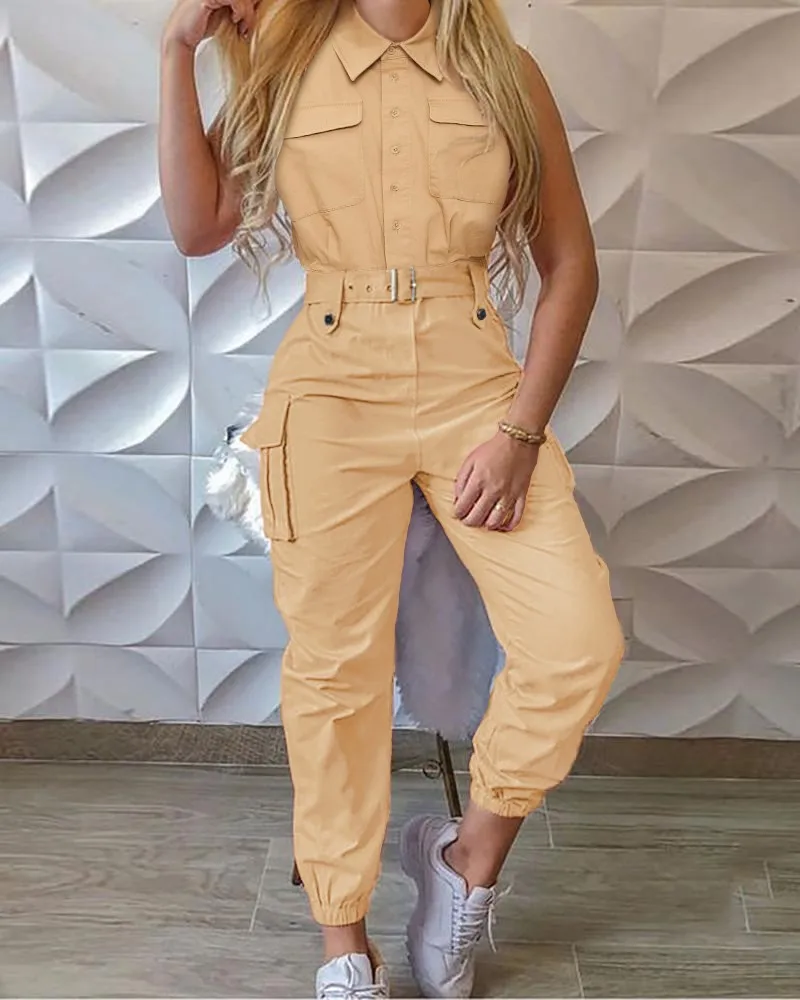 

Sleeveless Pocket Design Buttoned Cargo Jumpsuit