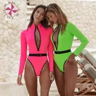 Новый флуоресцентный сексуальный женский купальник с длинным рукавом бикини с поясом молнией цельный бикини Монокини Пляжная одежда купальный костюм