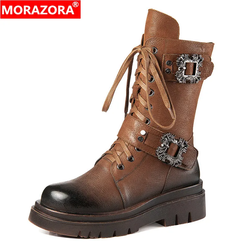 

MORAZORA 100% Full Genuine Leather Boots Women Buckle Punk Lace Up Retro Ankle Boots Winter Punk Motorcycle Boots Ladies Shoes