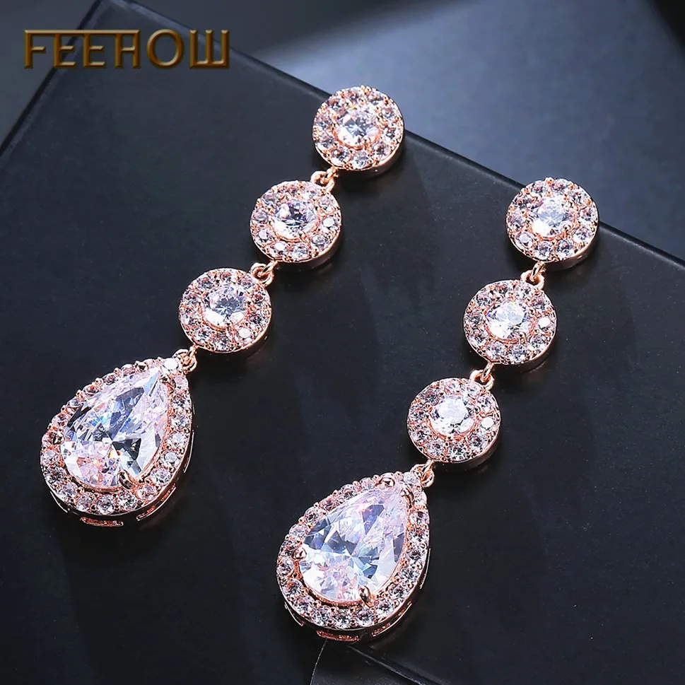 Rose Gold Color 4 FEEHOW, классические, прозрачные, AAA, кубический циркон, капля воды, длинные, модные серьги-подвески для женщин, для свадьбы, ужина, вечерние, ювелирные изделия, FWEP2008 - Окраска металла: Rose Gold Color 4