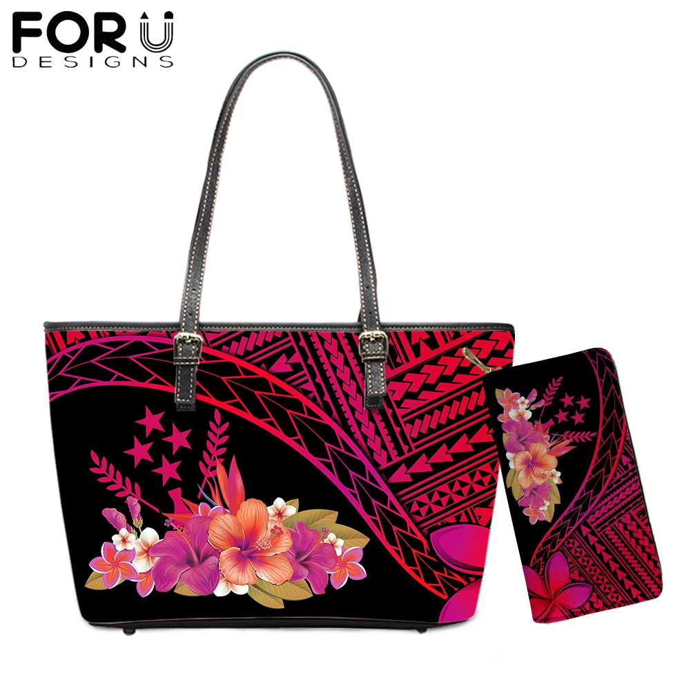 

FORUDESIGNS Kosrae Polynesian Tropical Plumeria Hibiscus Print Handbag for Women PU Leather Shoulder Bag 2Pcs Tote Bag&Purse Hot