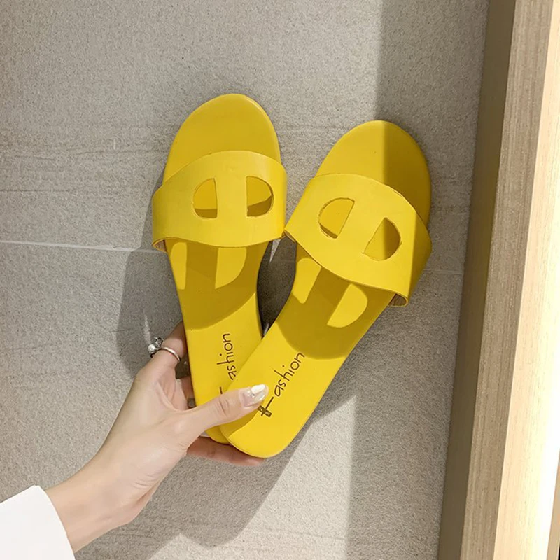 

Women Summer Leather Slippers Ladies Vintage Solid Color Casual Slide Flap With Shoes