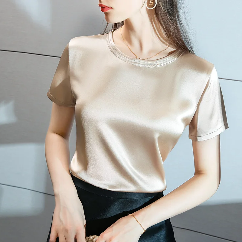 

Acetate Satin T-shirt women's summer new silky short sleeve T-shirt simple basic round neck temperament top
