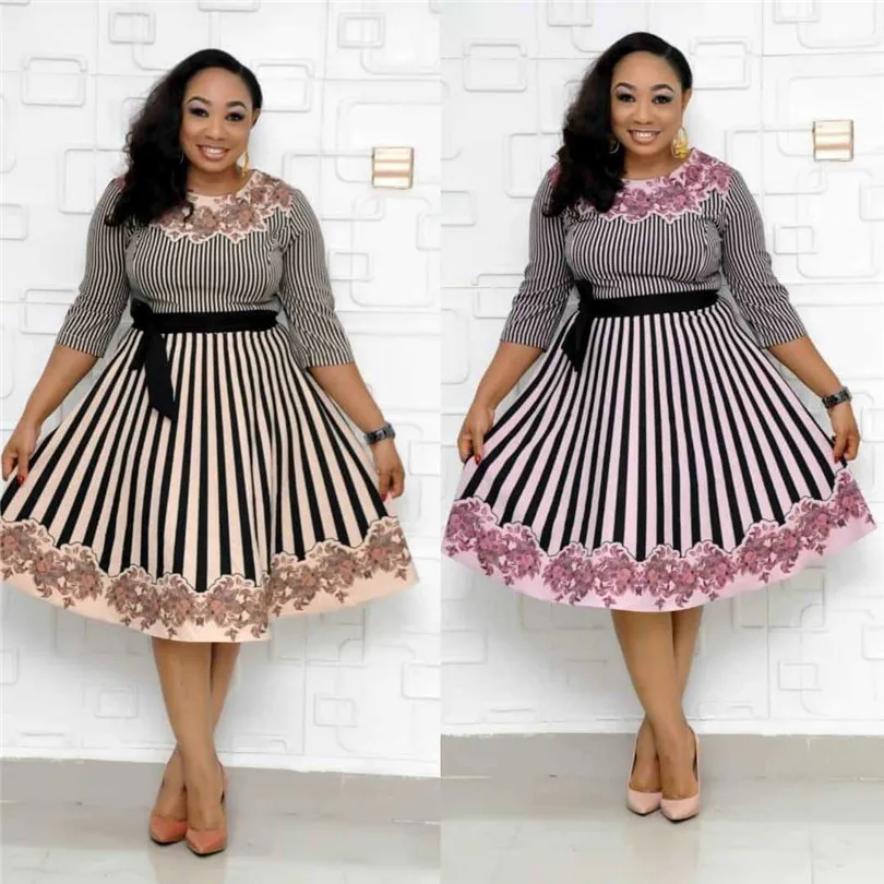 2019 африканские женские миди платья в полоску с цветочным принтом размера плюс