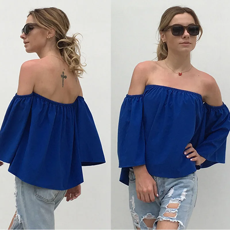 

Women's blouse summer sexy woman breathable smock loose Solid color Butterfly Sleeve elegant blouse clothes Strapless tube top