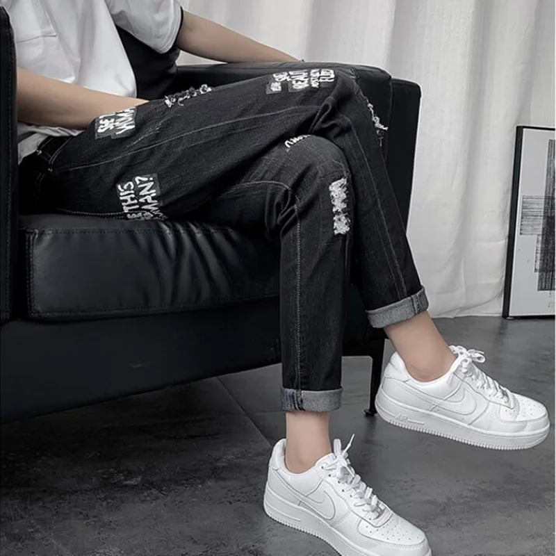 

2021 Jeans Men Ripped Skinny Jeans Blue Pencil Pants Motorcycle Party Casual Trousers Street Clothing Denim Man Clothin