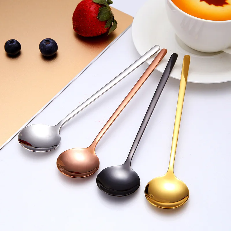 

304 stainless steel ice tea coffee dessert spoon gold round head long handle stirring tiny spoons kitchen gadgets