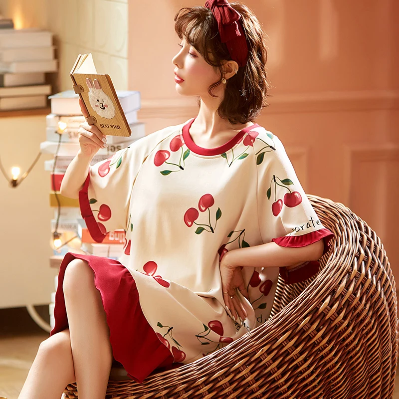 

Женская ночная рубашка Летняя тонкая футболка с короткими рукавами в Корейском стиле-Стиль середины Длина хлопок милые свободные интернет ...