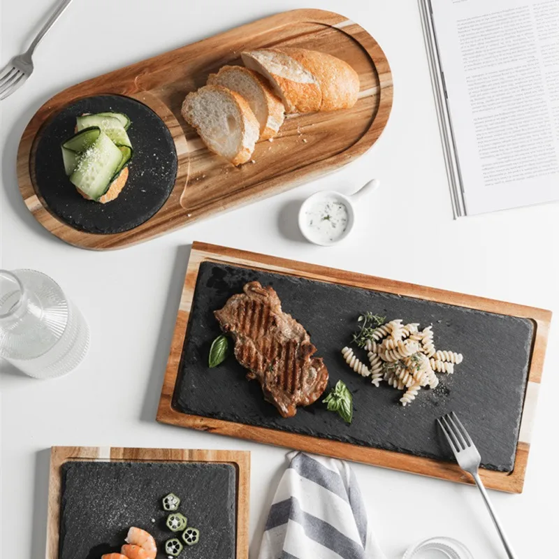 

Solid Wood Snack Disc Wood Tray Black Slate Bread Steak Plate Wooden Plate Handmade Western Food Tray