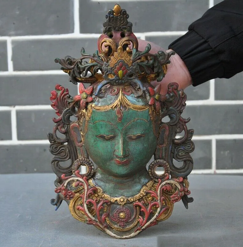 

Свадебное украшение тибетская Статуэтка из чистой бронзы с медной инкрустацией Бирюзовая тара Кван-Инь настенная маска