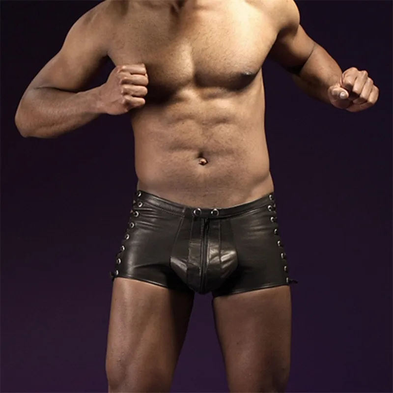 

Male Erotic Underwear Latex Sissy Pants Patent Leather Fetish Gay Hollow Lacing Shorts Men's Porno Lingerie for BDSM Bondage Sex