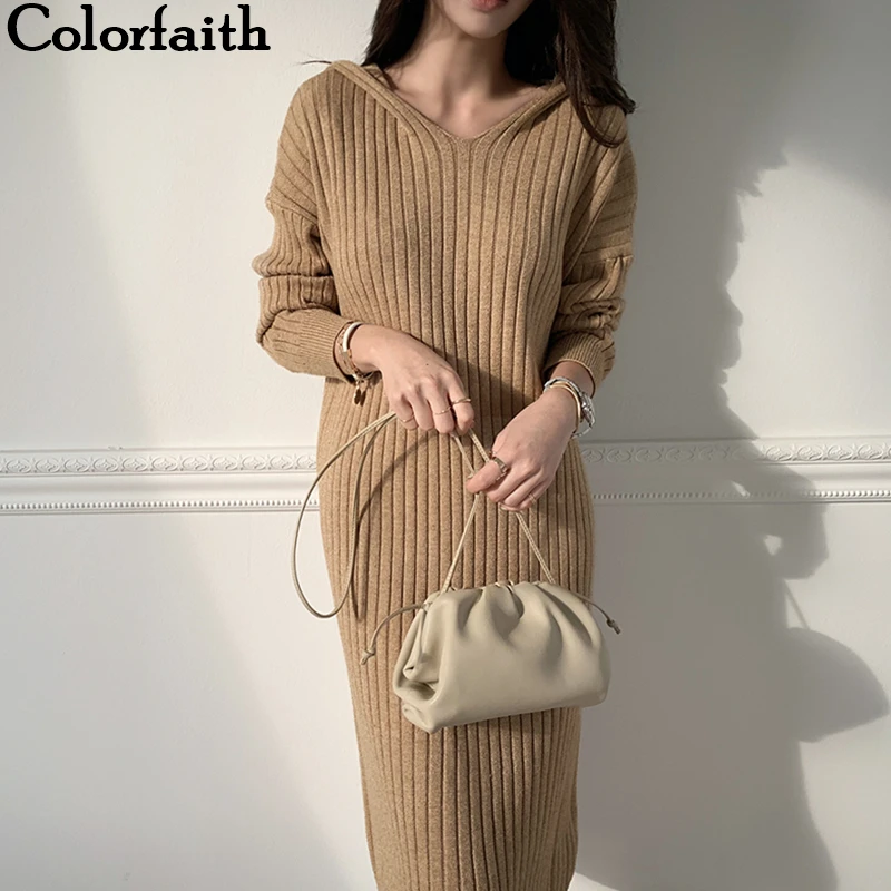 Colorfaith новинка 2019 Осень зима женские платья с капюшоном одноцветные вязанные