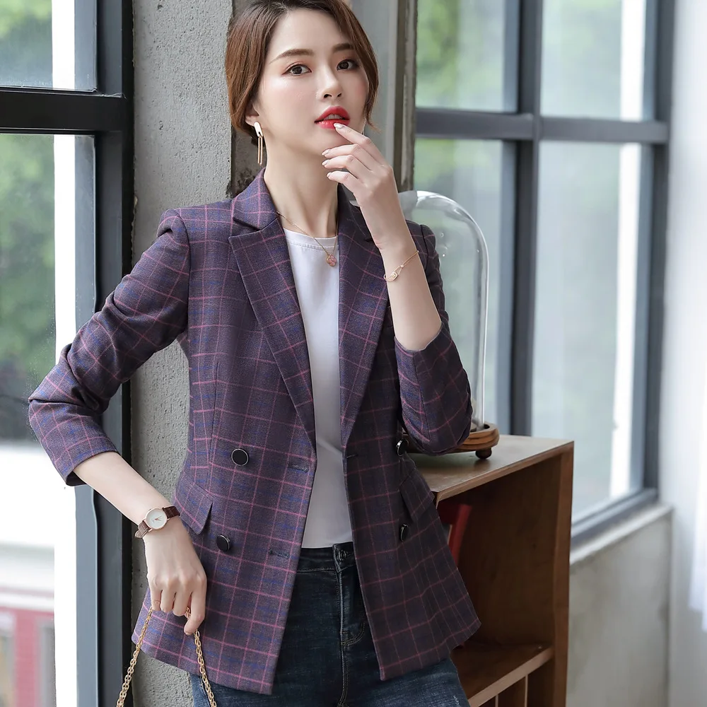 Женский клетчатый пиджак Осенний офисный винтажный с длинным рукавом деловой