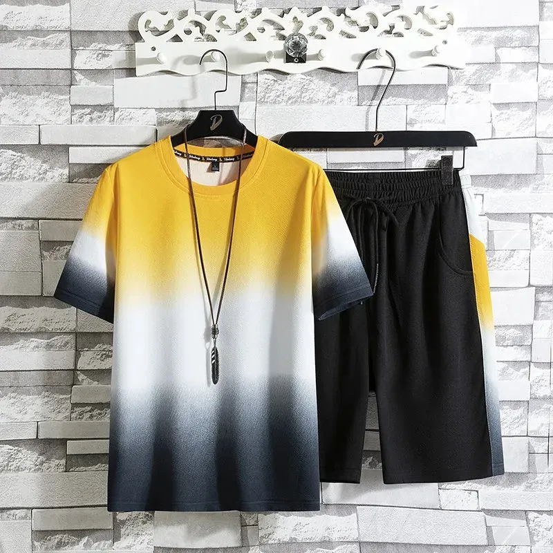 

summer men patchwork short sleeve tshirt and pants plus size 7XL korea style cool hipster sports tees