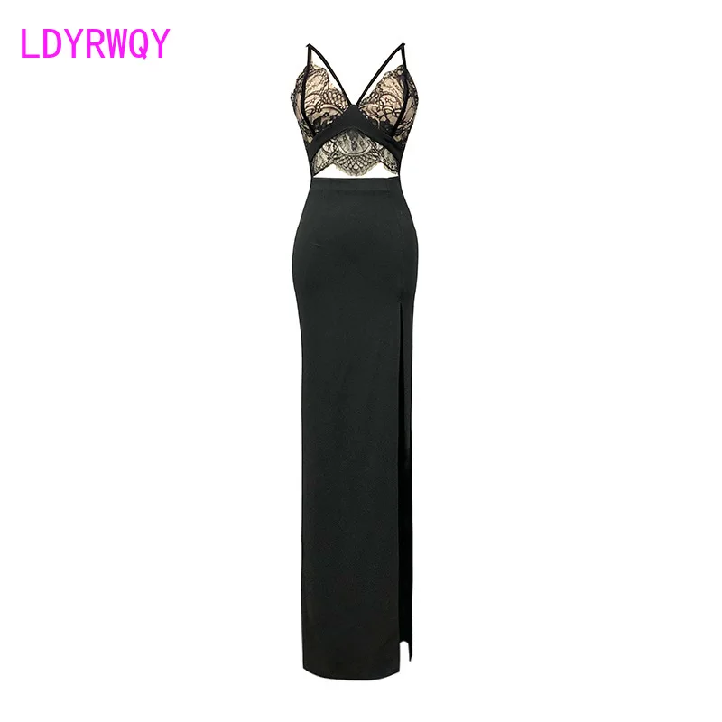 

LDYRWQY 2021Sexy low-cut lace stitching sling women's fashion temperament slit tight-fitting hip mopping dress