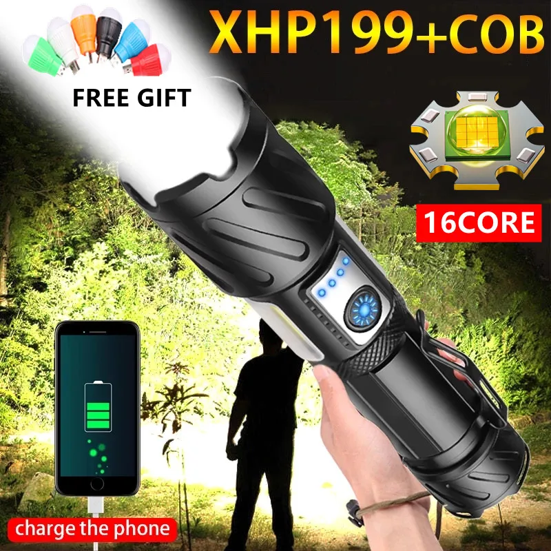 Новейшая высокомощная светодиодная вспышка XHP199 фонарик COB XHP90 супер мощный яркий