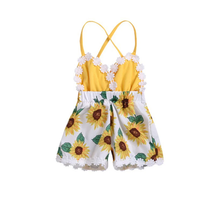 

2021 new children's summer clothes girls baby jumpsuits children sunflower sling lace jumpsuit toddler girl clothes