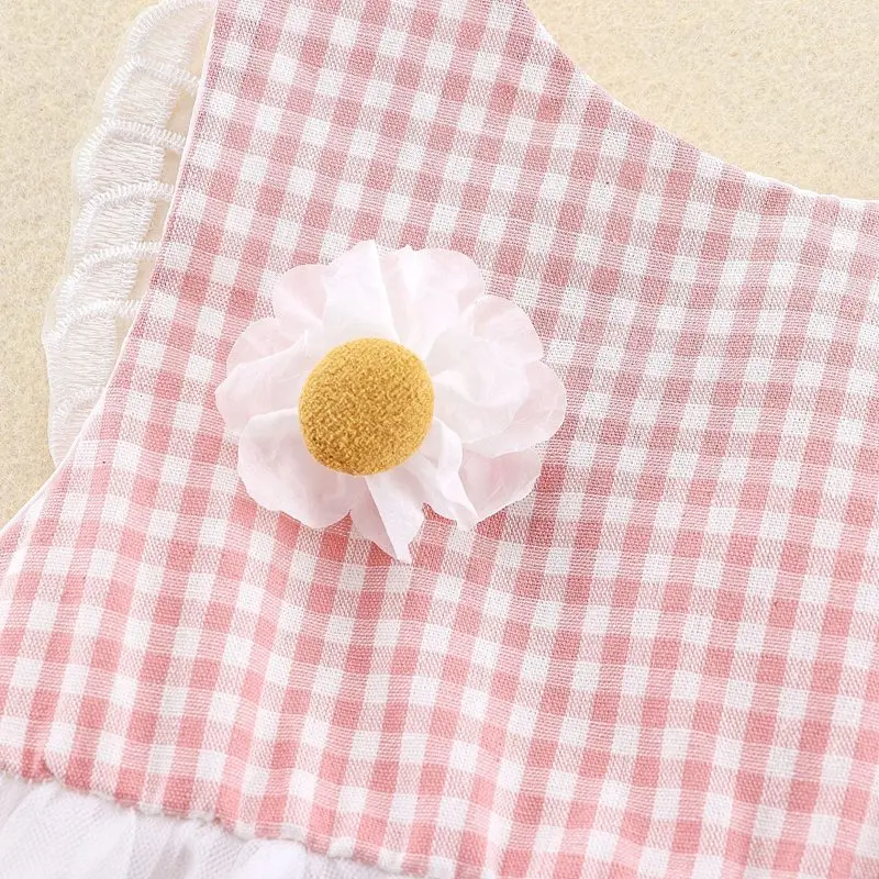 Летнее платье для девочек детское принцессы в клетку с цветочным рисунком