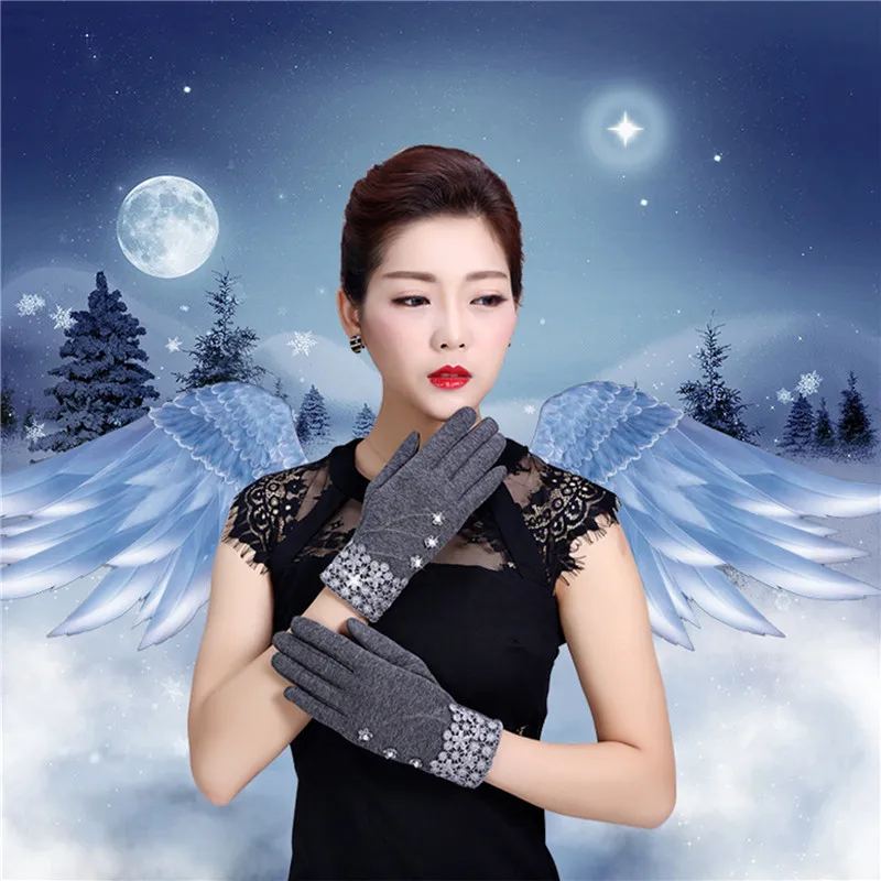 

New Elegant Womens Touch Screen Gloves Winter Ladies Fashion Lace Warm Cashmere Bow Full Finger Mittens Female Gift