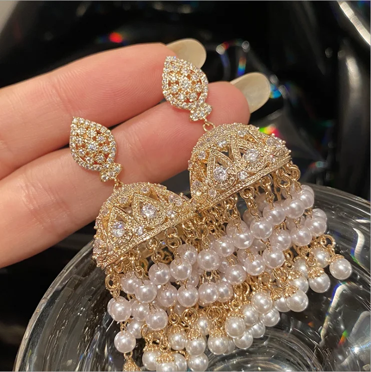 

Women Exaggerated golden birdcage pearl earrings fashion retro luxury lantern zircon tassel wind chimes bell earrings