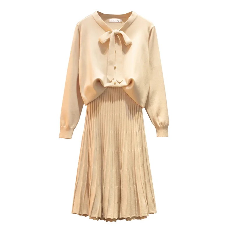 

Женский трикотажный свитер с бантом, плиссированная юбка с воротником для младшей сестры, Трикотажный костюм из двух предметов для осени и ...