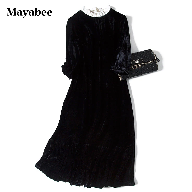 

Elegant Temperament Little Black Dress Velvet Spring 2021 New Long-Sleeved Woman Retro Style