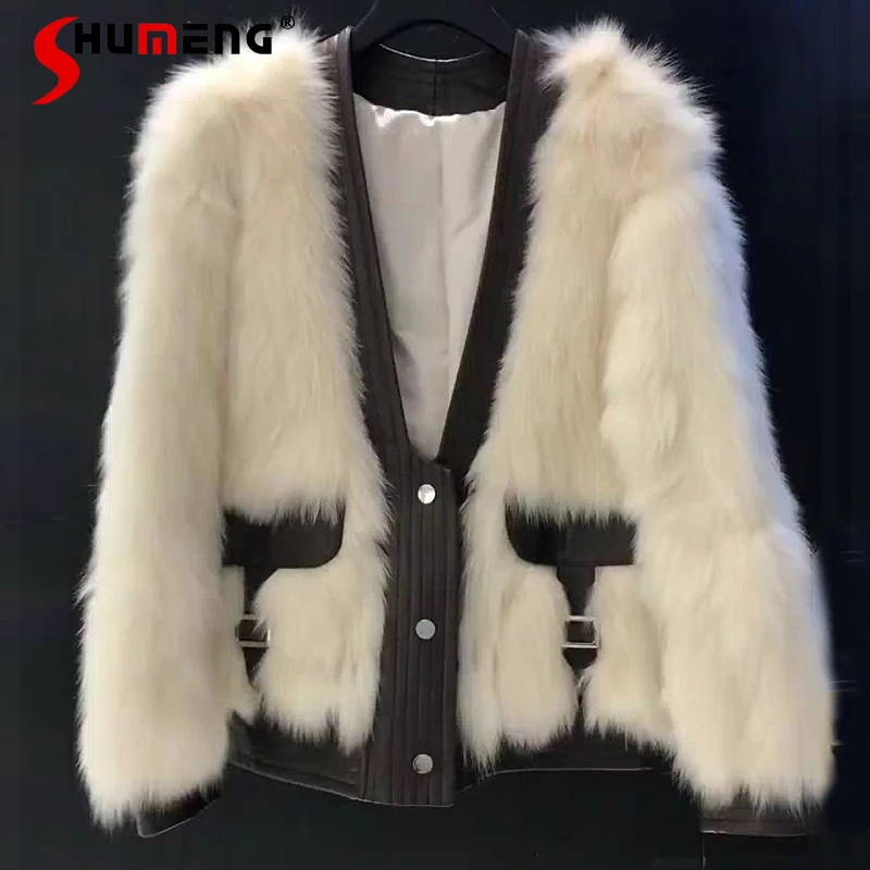 

2022 Winter Woman High-End V-neck Contrast Color Casual Faux Fur Coat Simple Fashion Patchwork Fur Jacket for Women Streetwear