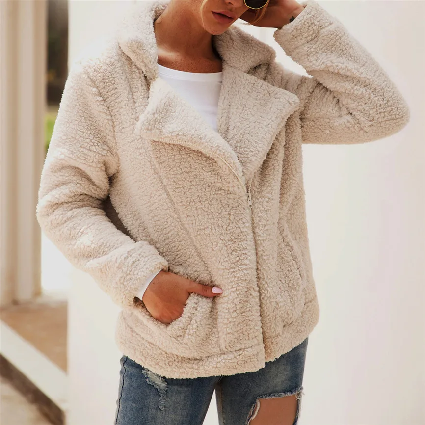 Однотонное зимнее женское пальто с отворотом на молнии из искусственного меха