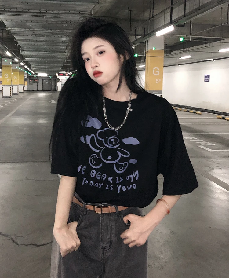 

YTX1850 2021 new loose Korean version of creative graffiti random bear print short-sleeved T-shirt