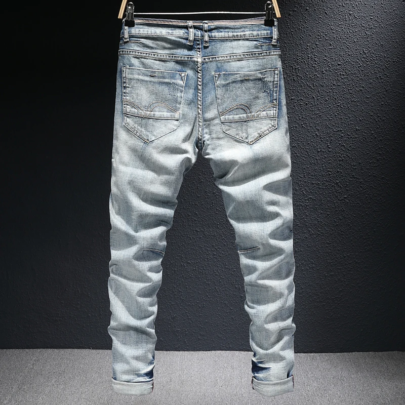 European Vintage Fashion Men Jeans Retro Light Gray Blue Elastic Slim Ripped Jeans Men Embroidery Designer Denim Pencil Pants